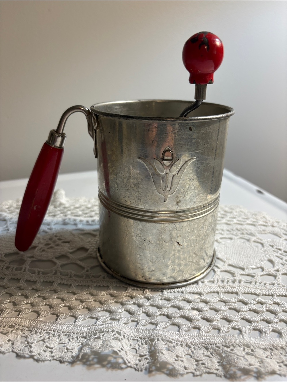 Vintage Androck Hand-Crank Flour Mill with Red Wooden Handle